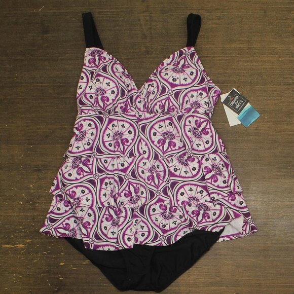 NWT Swim Solutions Printed Tiered Fauxkini One-Piece Swimsuit Magenta Purple 14 - Picture 4 of 8